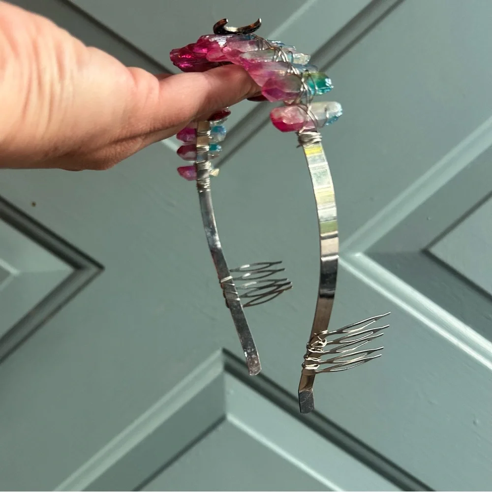 Natural Gemstone Colorful Aura Moon Witch Crystal Crown Headband Tiara Hair Band
